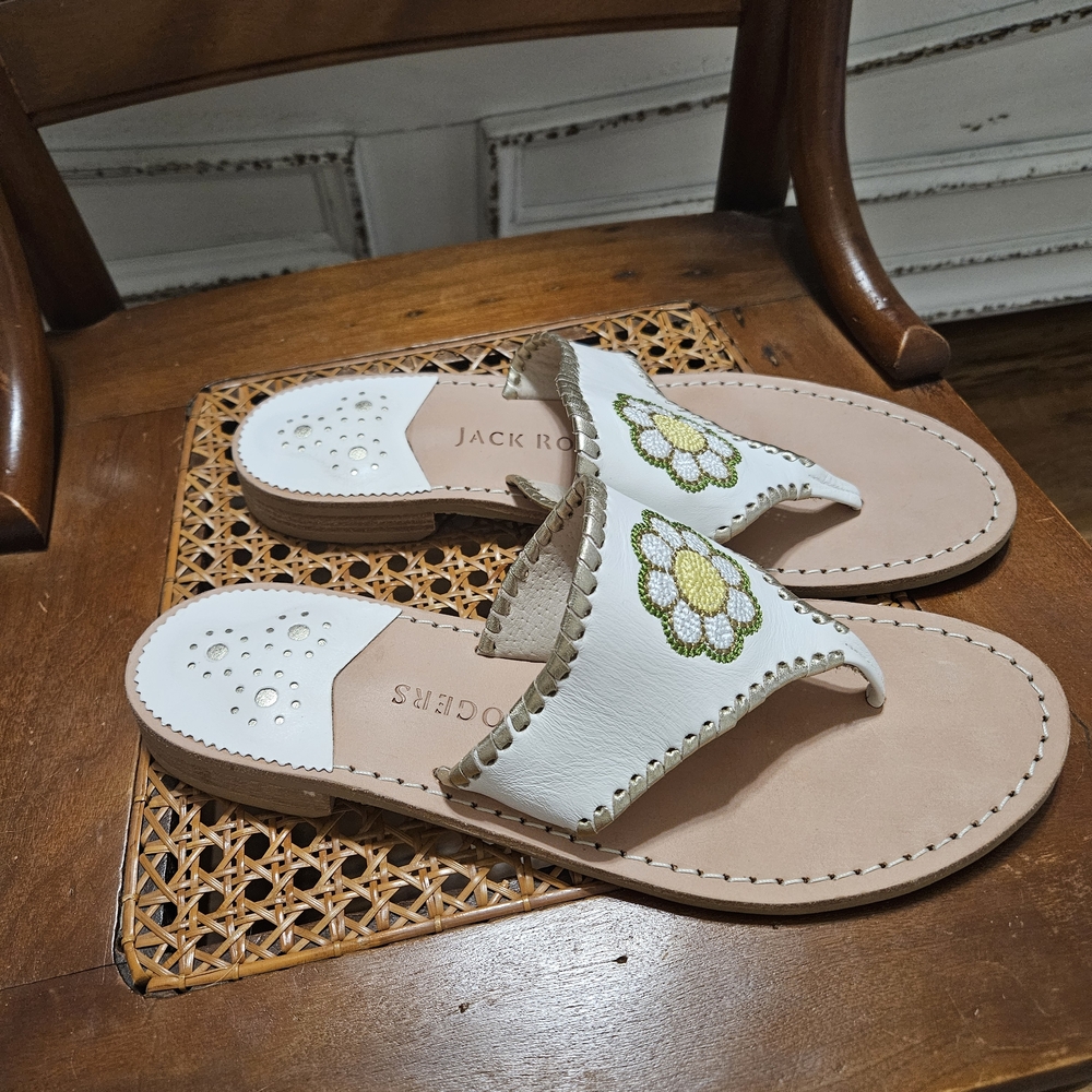 Jack Rogers Floral Boho White Tan Green Yellow Woven Farm Rio Sandals Boho 9.5